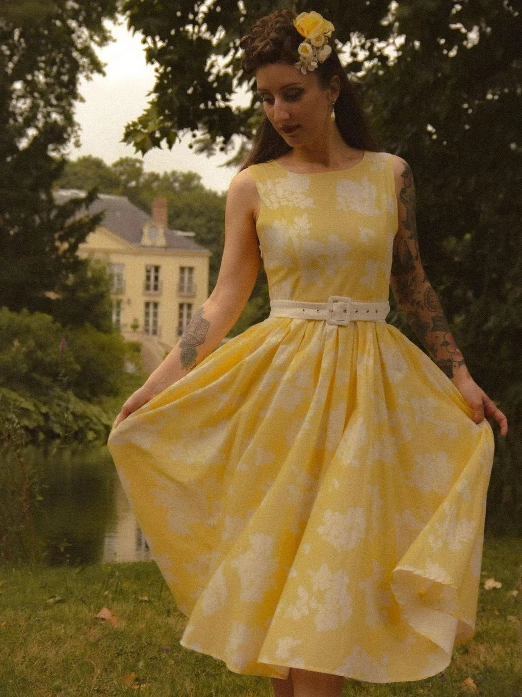 Women's Floral Cotton-Linen Sleeveless Midi Dress