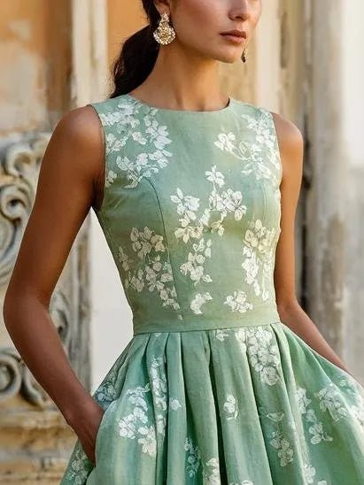 Women's Floral Cotton-Linen Sleeveless Midi Dress