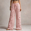 Women's Floral Embroidered Elastic-Waist Wide-Leg Pants - Pink