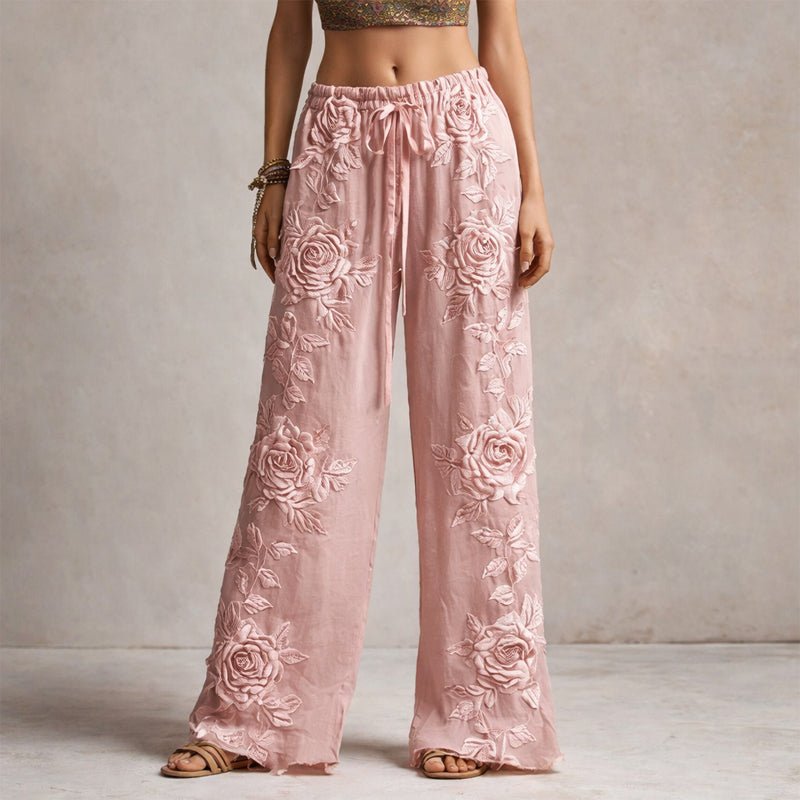 Women's Floral Embroidered Elastic-Waist Wide-Leg Pants - Pink
