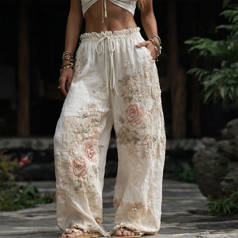 Women's Floral Embroidered Elastic-Waist Wide-Leg Pants - Beige