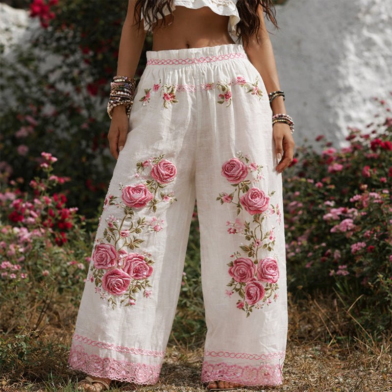 Women's Floral Embroidered Elastic-Waist Wide-Leg Pants - White