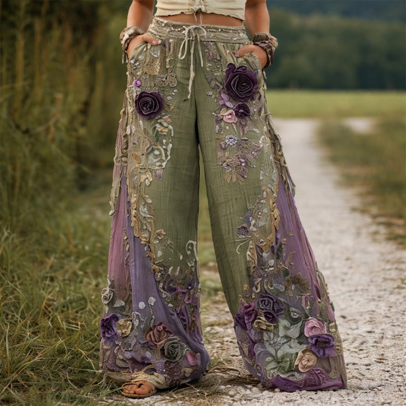 Women's Floral Embroidered Elastic-Waist Wide-Leg Pants - Green