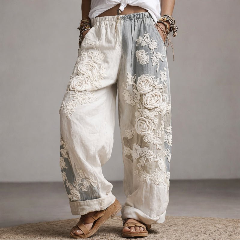 Women's Floral Embroidered Elastic-Waist Wide-Leg Pants - Gray
