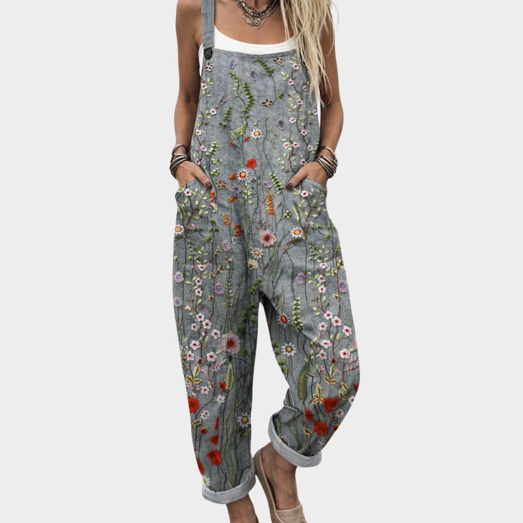 Women's Floral Embroidered Linen Overalls Jumpsuit - Grey / Floral