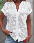Women's Floral Lace Short-Sleeve Button-Down Blouse - White