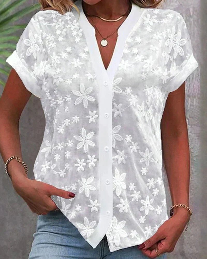 Women's Floral Lace Short-Sleeve Button-Down Blouse - White