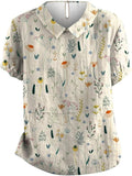 Women's Floral Polo Shirt Collared Loose Fit Short Sleeve - White