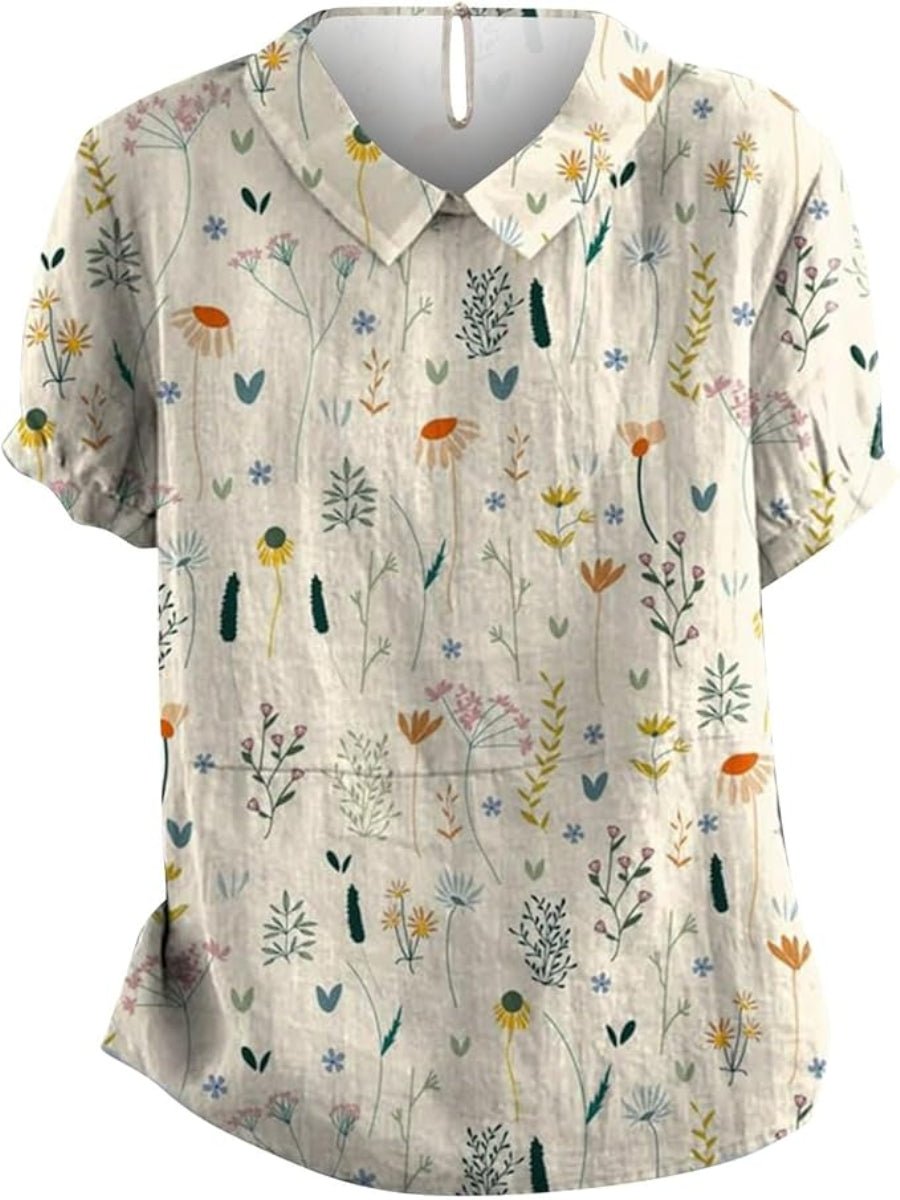 Women's Floral Polo Shirt Collared Loose Fit Short Sleeve - White