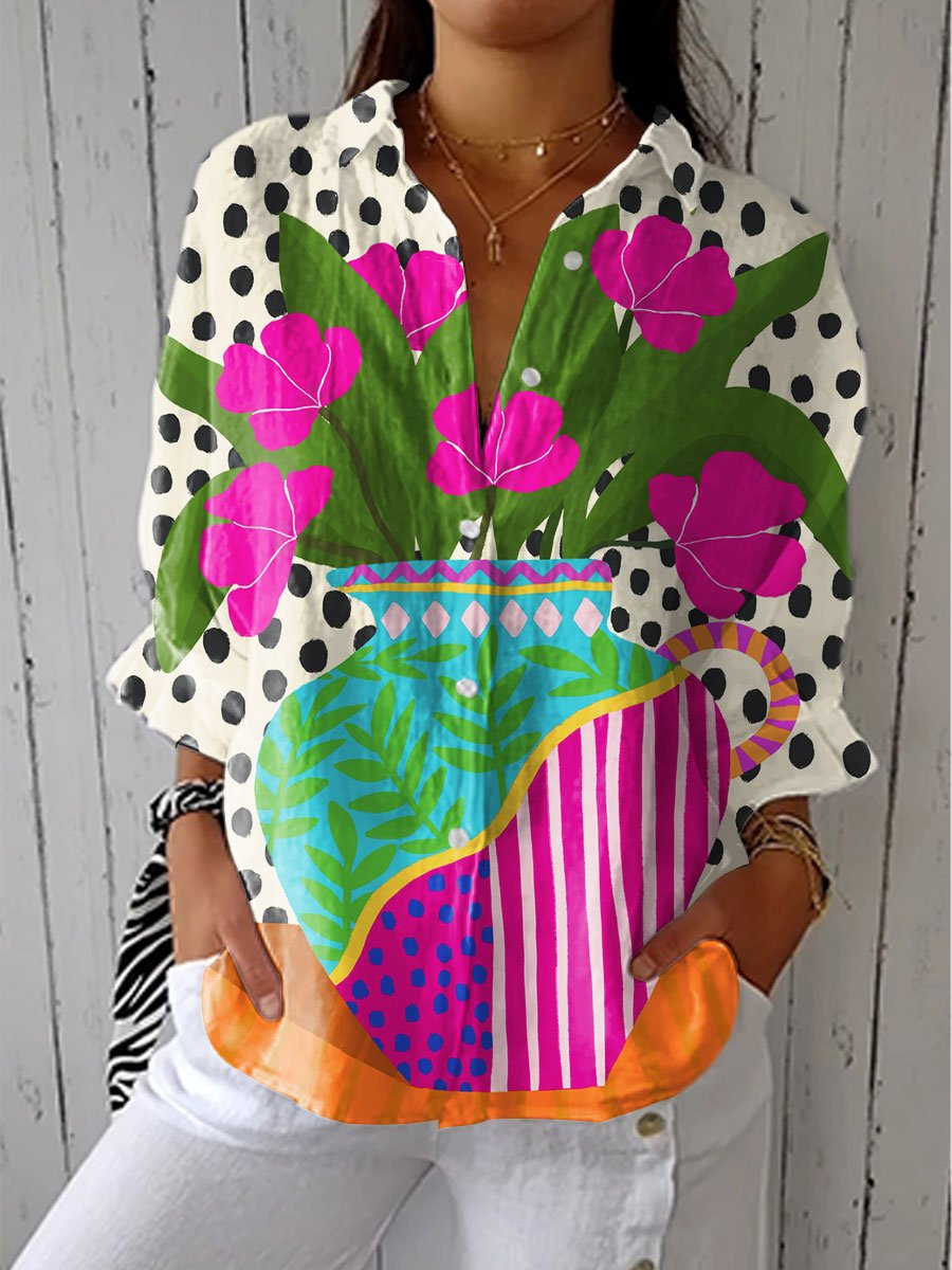 Women's Floral Print Button-Front Long Sleeve Blouse - Multicolor