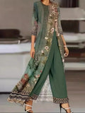 Women's Floral Print Long Overlay Top Wide Leg Pants Two-Piece Set - Green