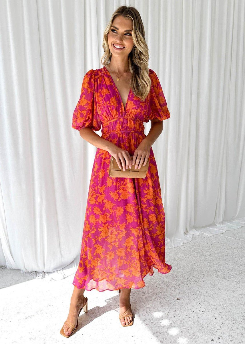 Women's Floral Puff-Sleeve V-Neck Midi Dress - Roze-Oranje