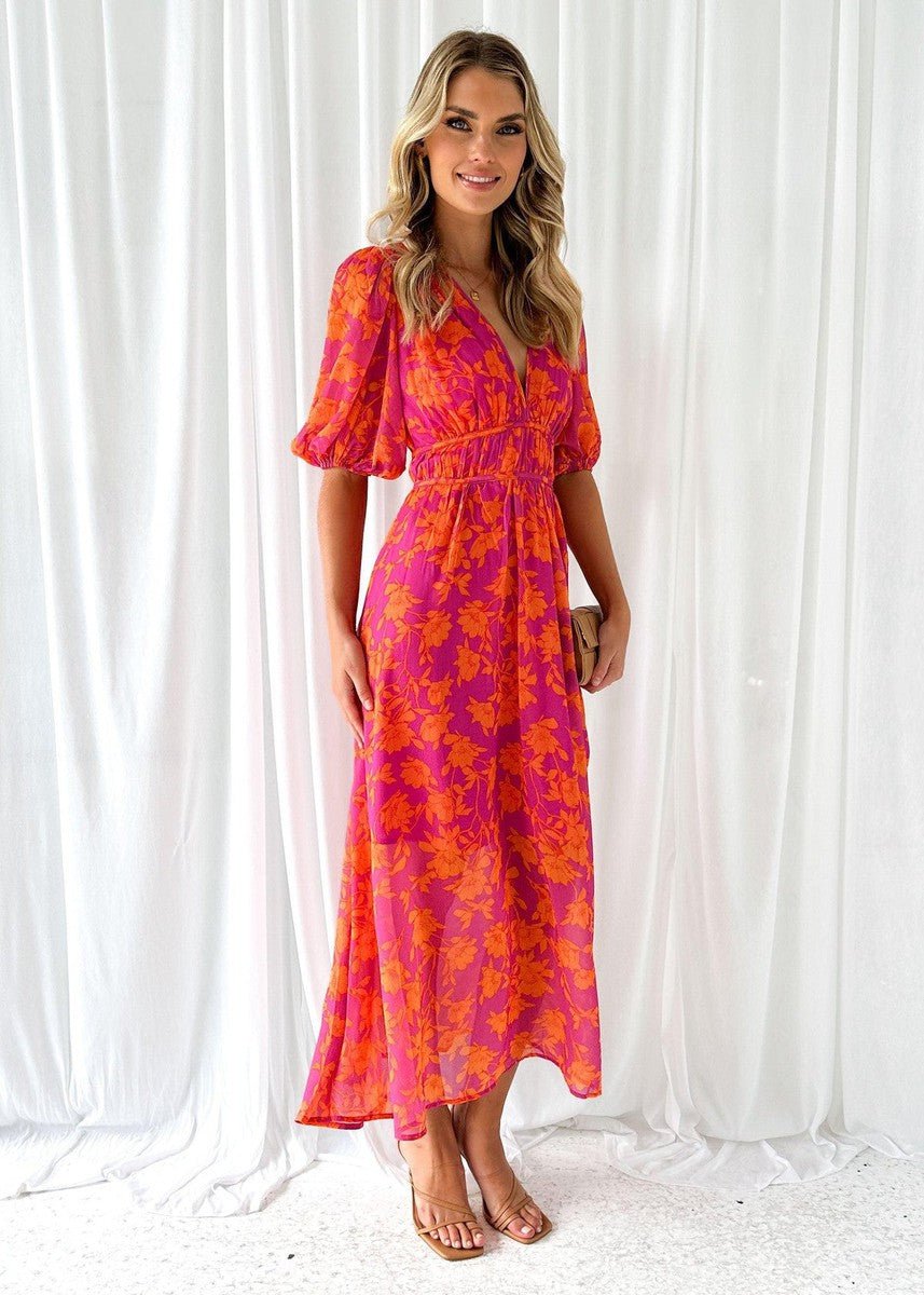 Women's Floral Puff-Sleeve V-Neck Midi Dress