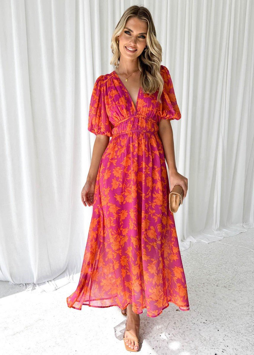 Women's Floral Puff-Sleeve V-Neck Midi Dress