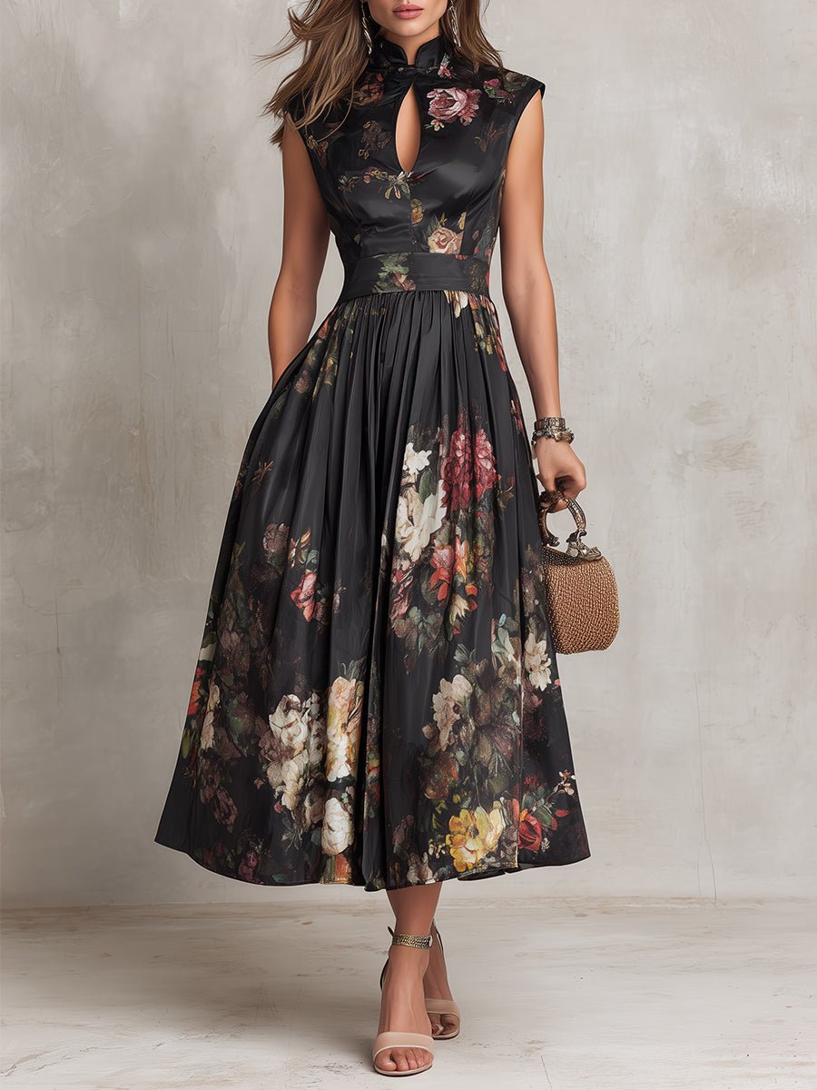 Women's Floral Satin Keyhole Collar Midi Dress - Black