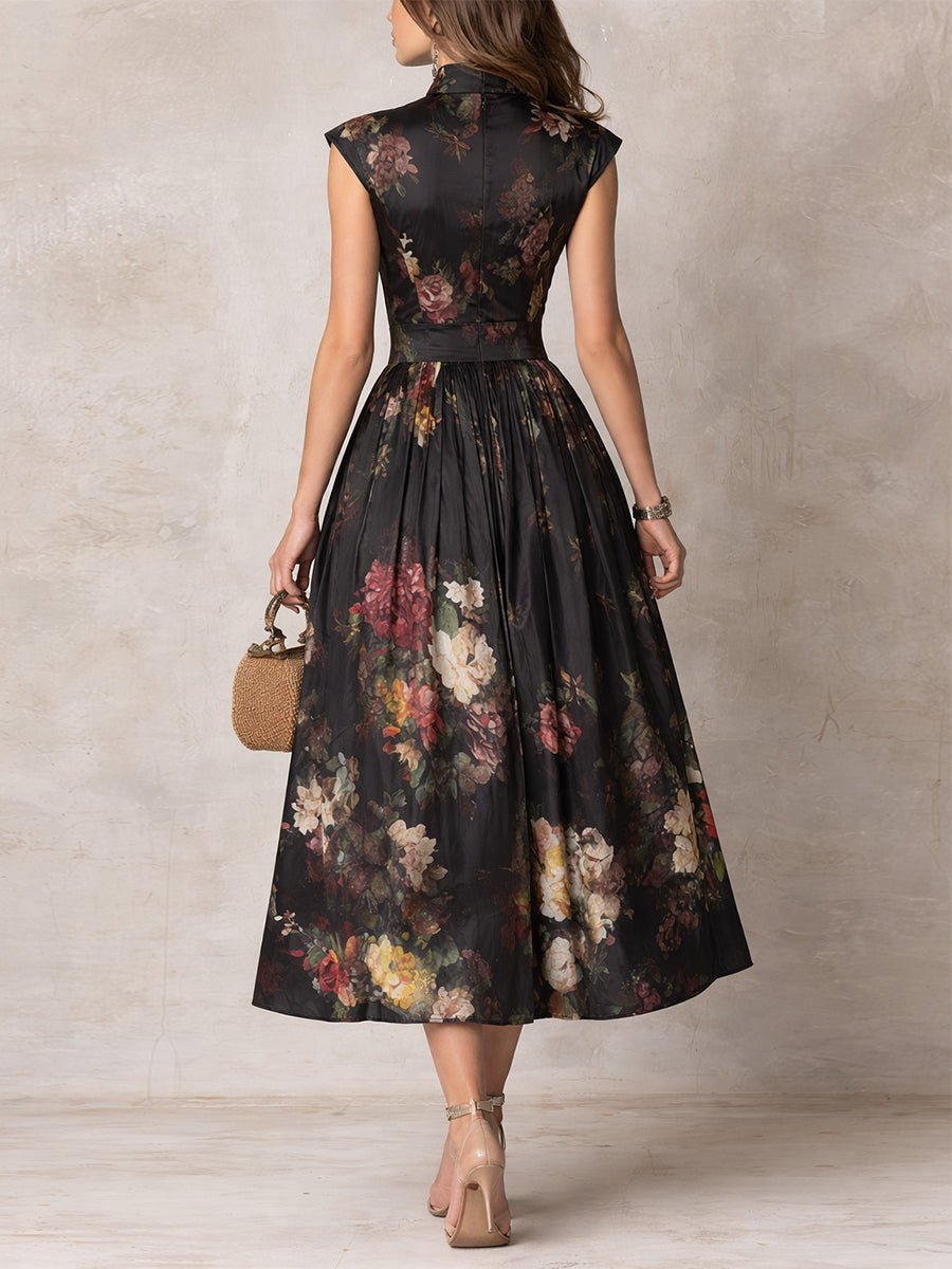 Women's Floral Satin Keyhole Collar Midi Dress