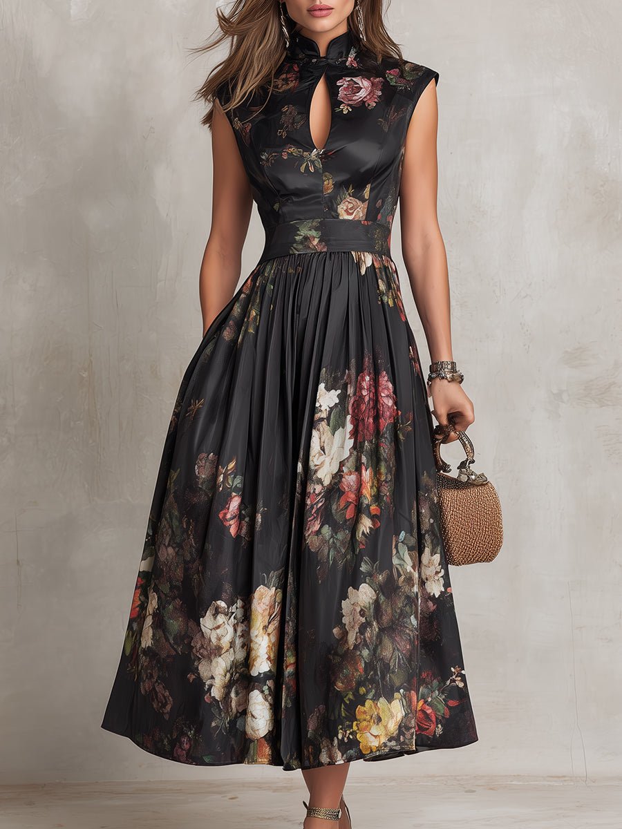 Women's Floral Satin Keyhole Collar Midi Dress