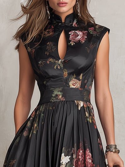 Women's Floral Satin Keyhole Collar Midi Dress