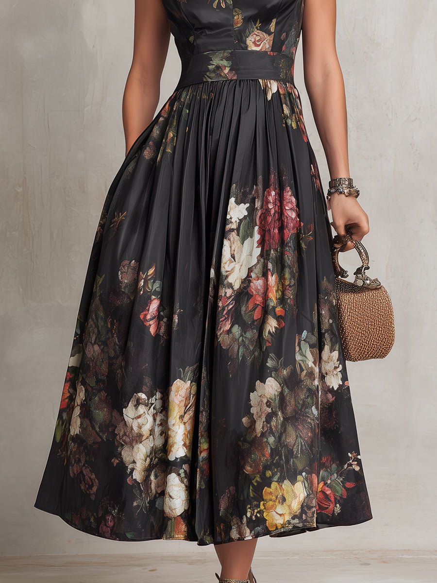 Women's Floral Satin Keyhole Collar Midi Dress