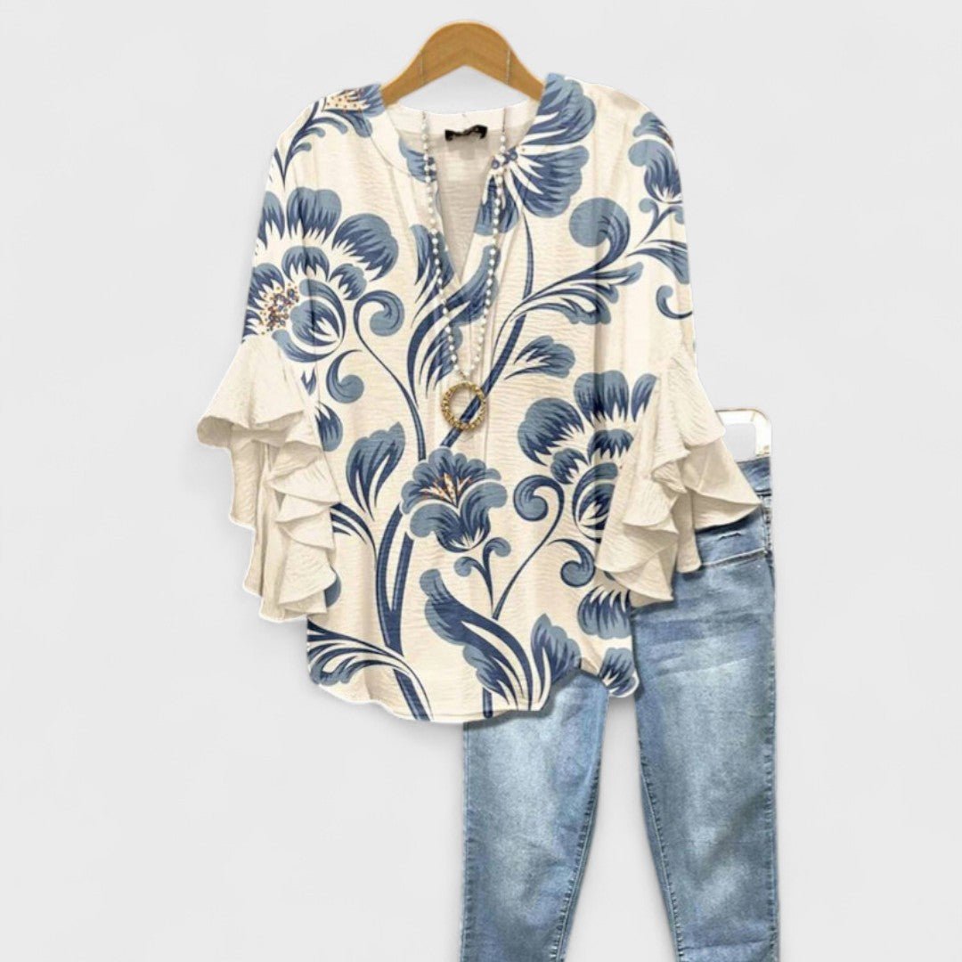 Women's Floral V-Neck Ruffle-Sleeve Blouse - White