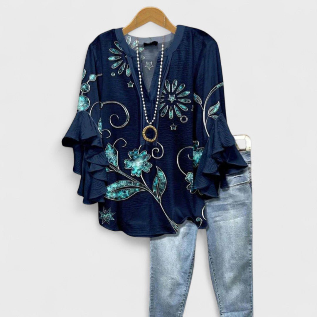 Women's Floral V-Neck Ruffle-Sleeve Blouse - Navy Blue