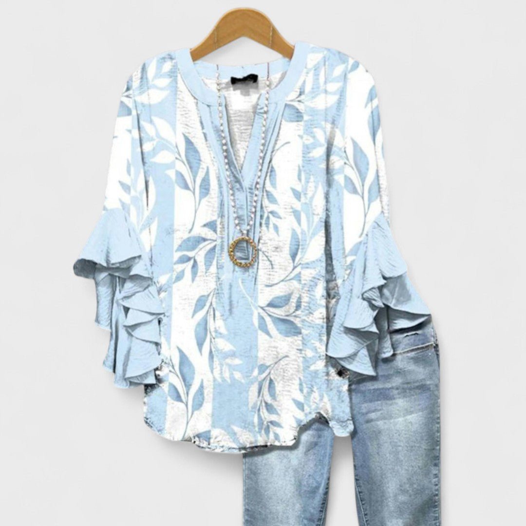 Women's Floral V-Neck Ruffle-Sleeve Blouse - Light Blue