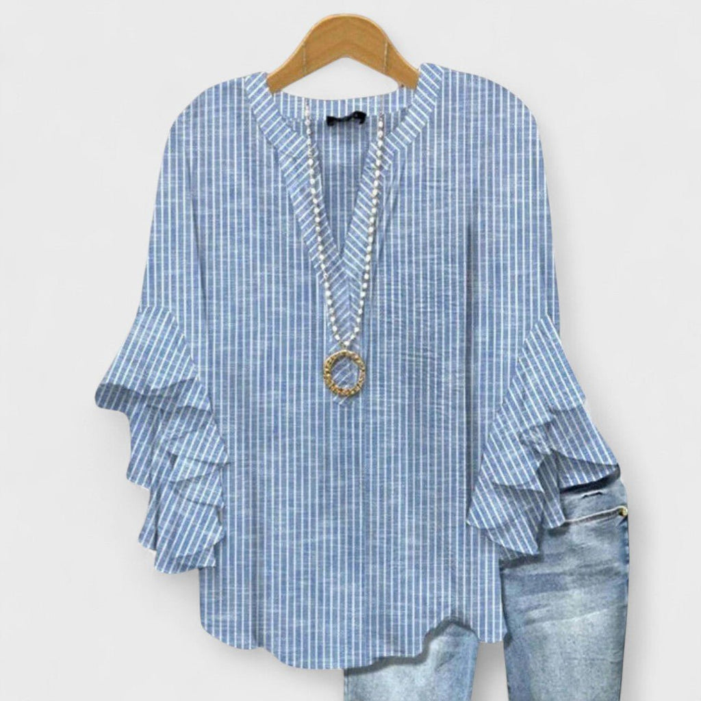 Women's Floral V-Neck Ruffle-Sleeve Blouse - Blue