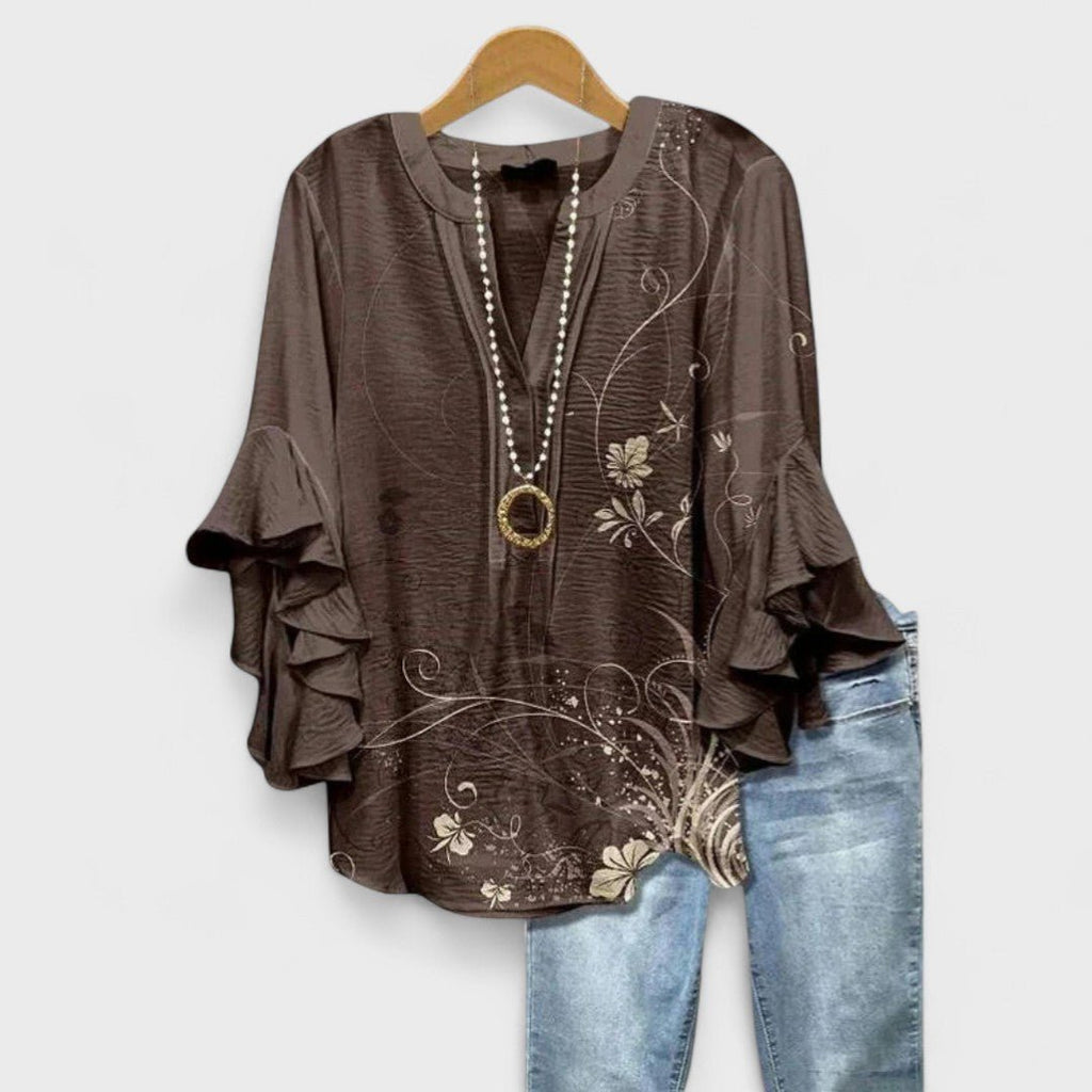 Women's Floral V-Neck Ruffle-Sleeve Blouse - Brown