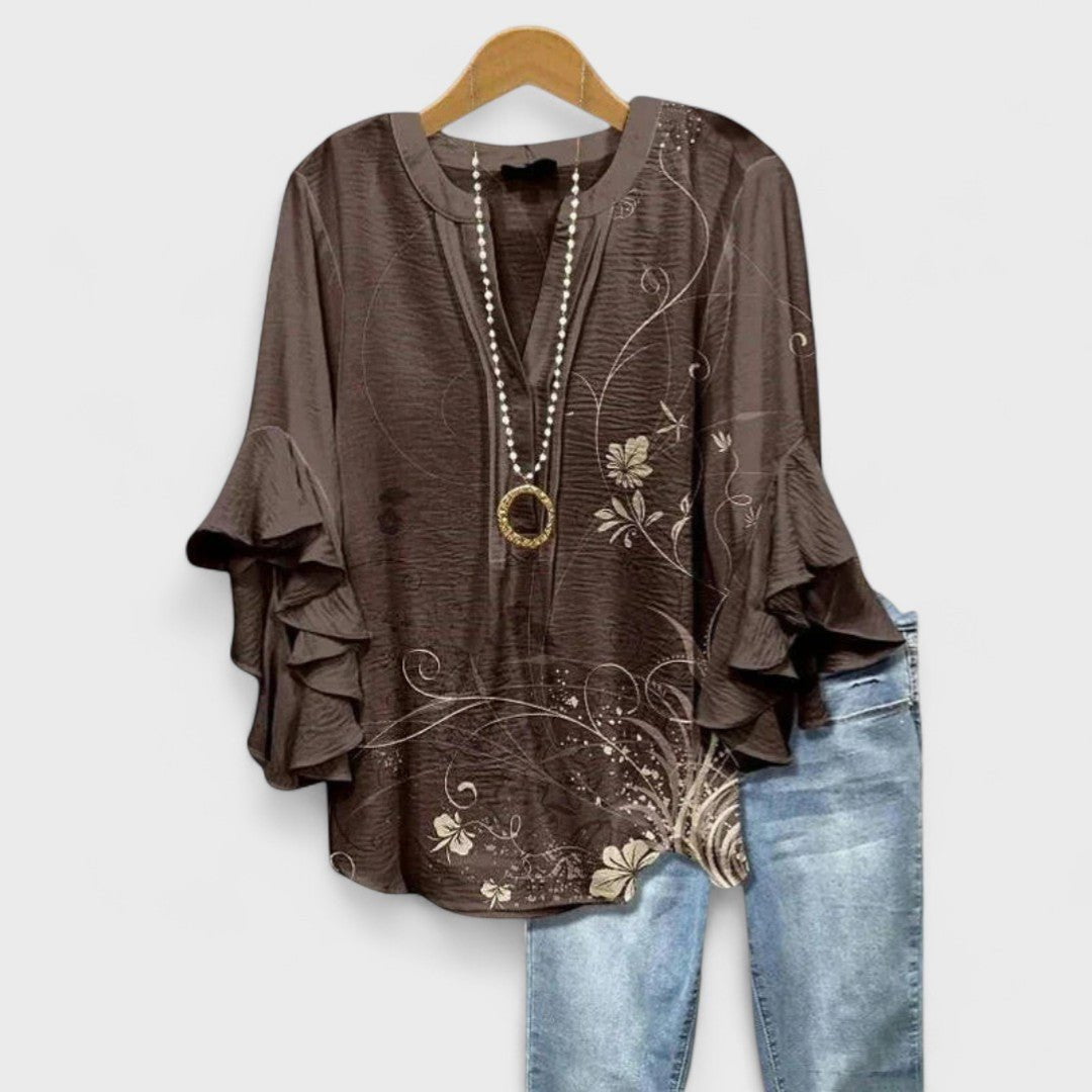 Women's Floral V-Neck Ruffle-Sleeve Blouse - Brown