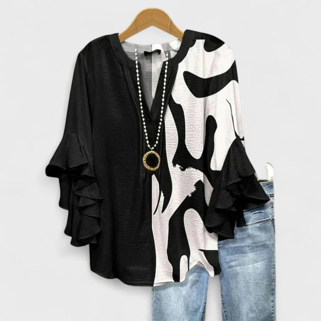 Women's Floral V-Neck Ruffle-Sleeve Blouse - Black