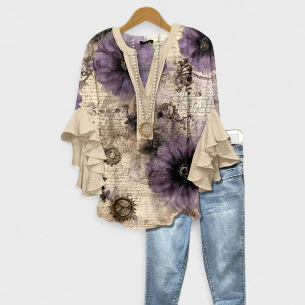 Women's Floral V-Neck Ruffle-Sleeve Blouse - Beige
