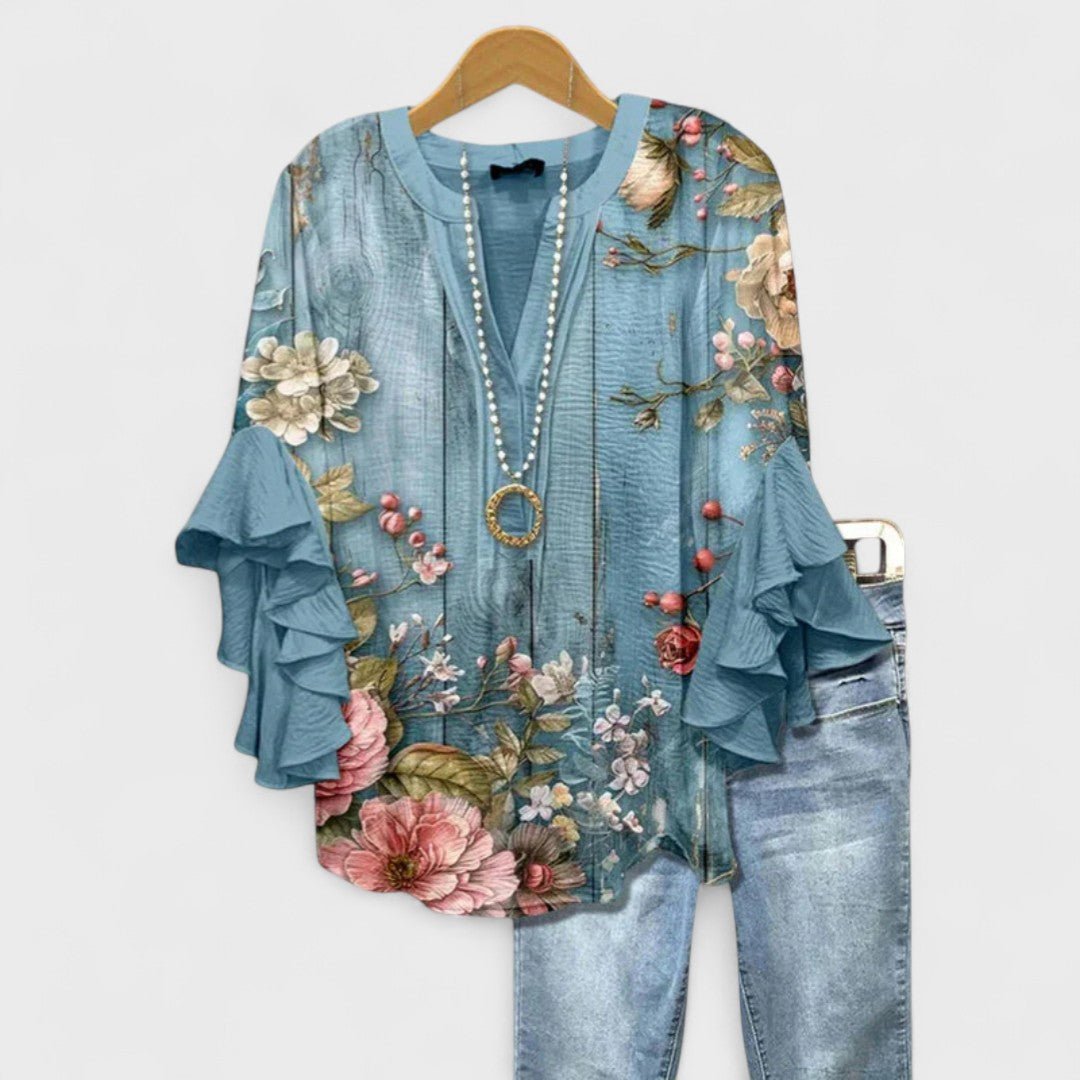 Women's Floral V-Neck Ruffle-Sleeve Blouse - Dark Blue