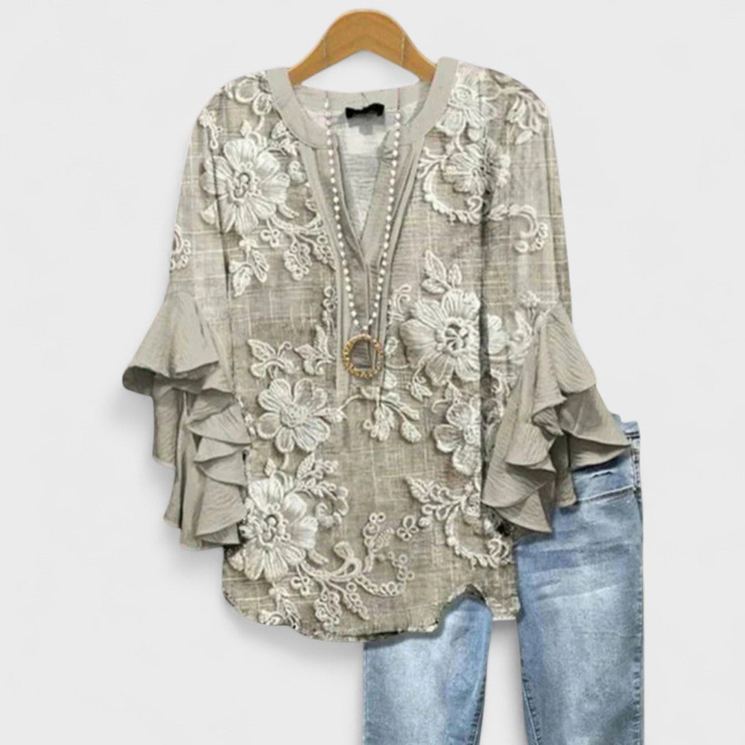 Women's Floral V-Neck Ruffle-Sleeve Blouse - Light Brown