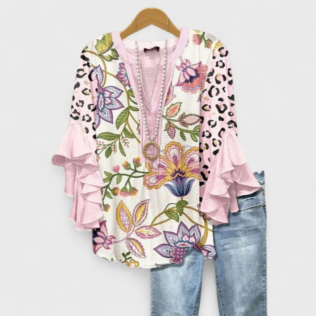 Women's Floral V-Neck Ruffle-Sleeve Blouse - Pink