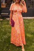 Women's Floral V-Neck Short Sleeve Maxi Dress - Oranje