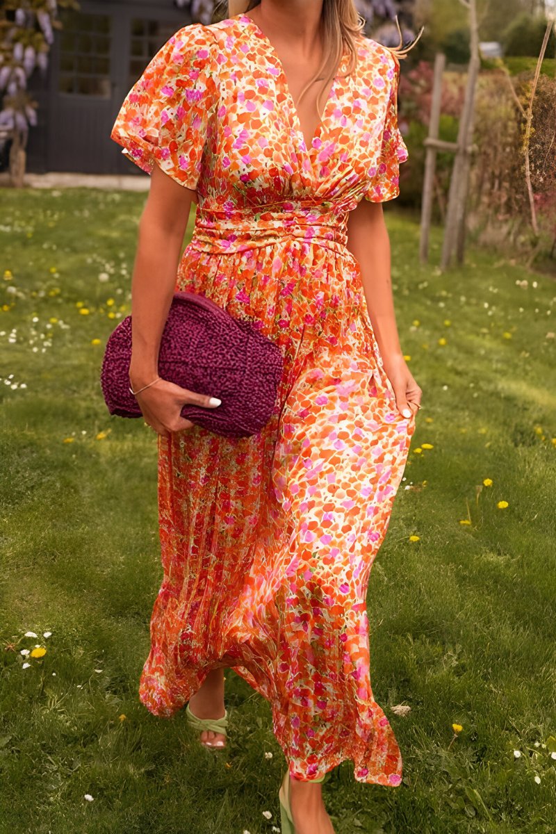 Women's Floral V-Neck Short Sleeve Maxi Dress
