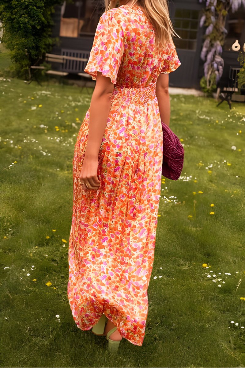 Women's Floral V-Neck Short Sleeve Maxi Dress