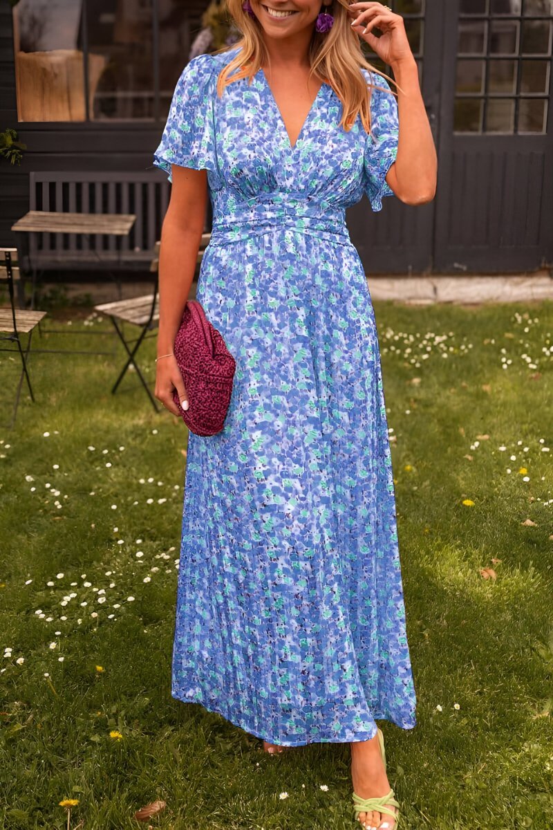 Women's Floral V-Neck Short Sleeve Maxi Dress - Blauw