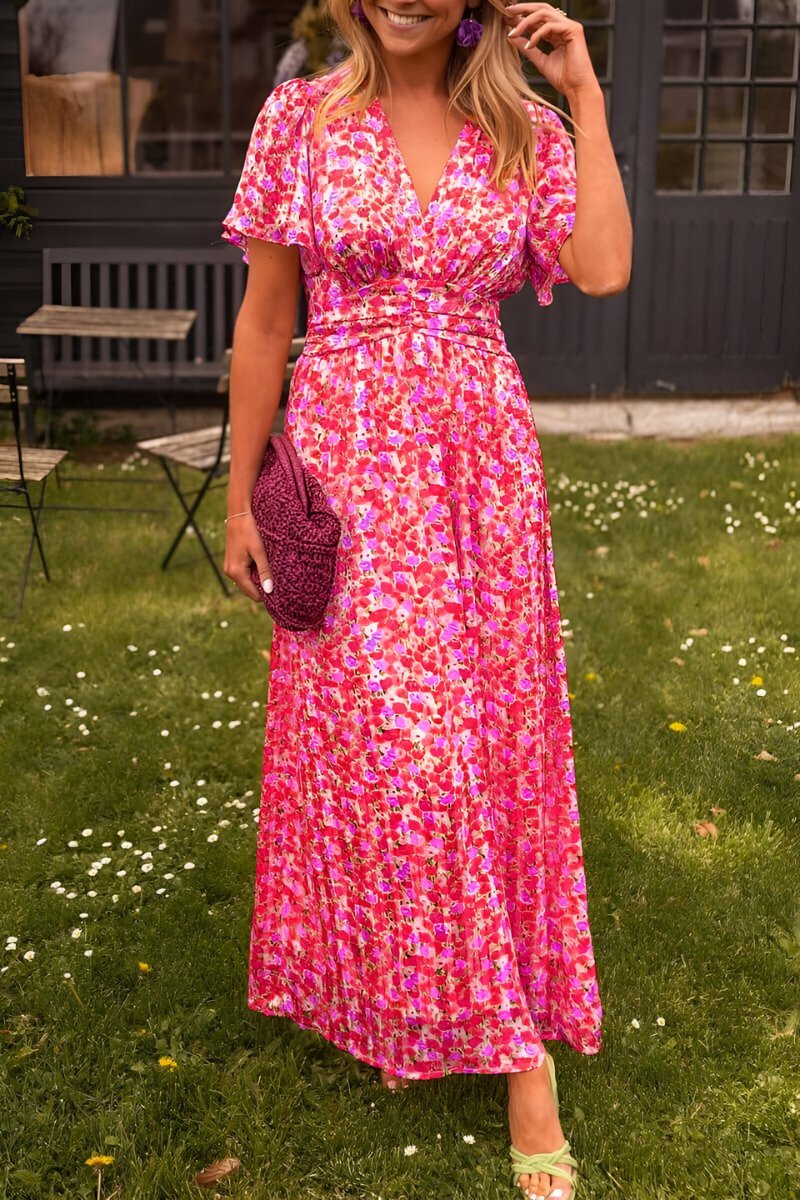 Women's Floral V-Neck Short Sleeve Maxi Dress - Roze