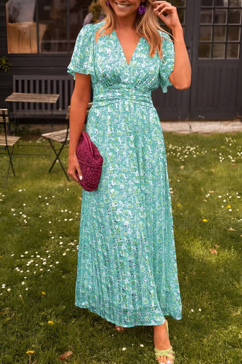 Women's Floral V-Neck Short Sleeve Maxi Dress - Groen