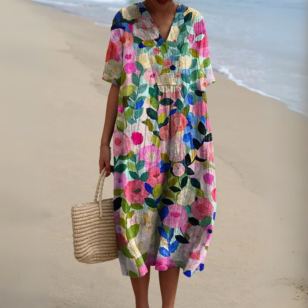 Women's Floral V-Neck Short-Sleeve Midi Dress - Flower 1