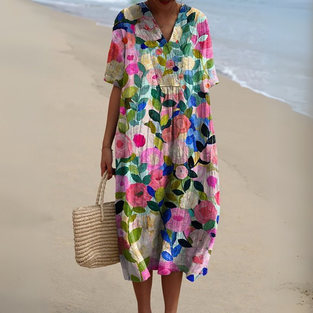 Women's Floral V-Neck Short-Sleeve Midi Dress - Flower 1