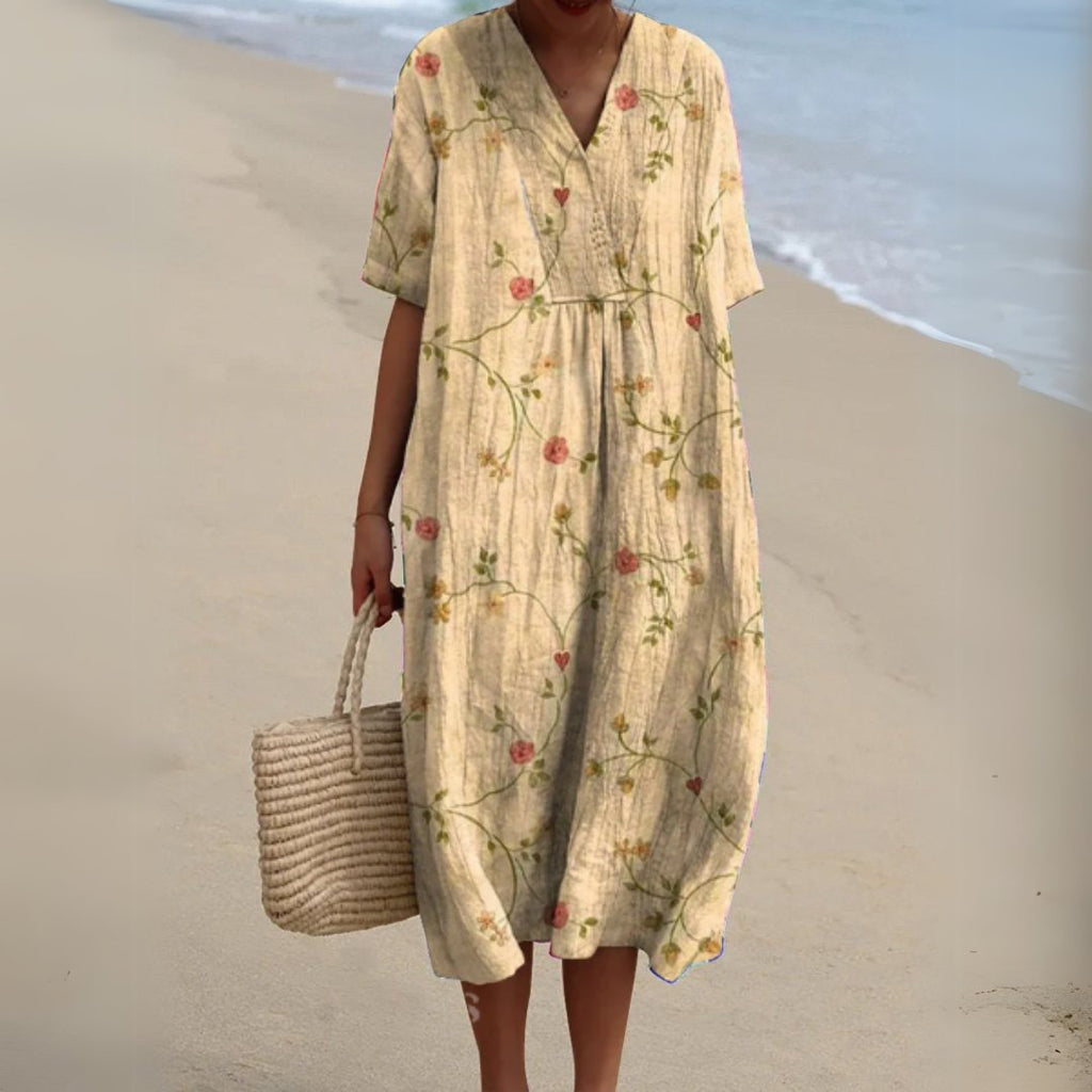 Women's Floral V-Neck Short-Sleeve Midi Dress - Flower 10