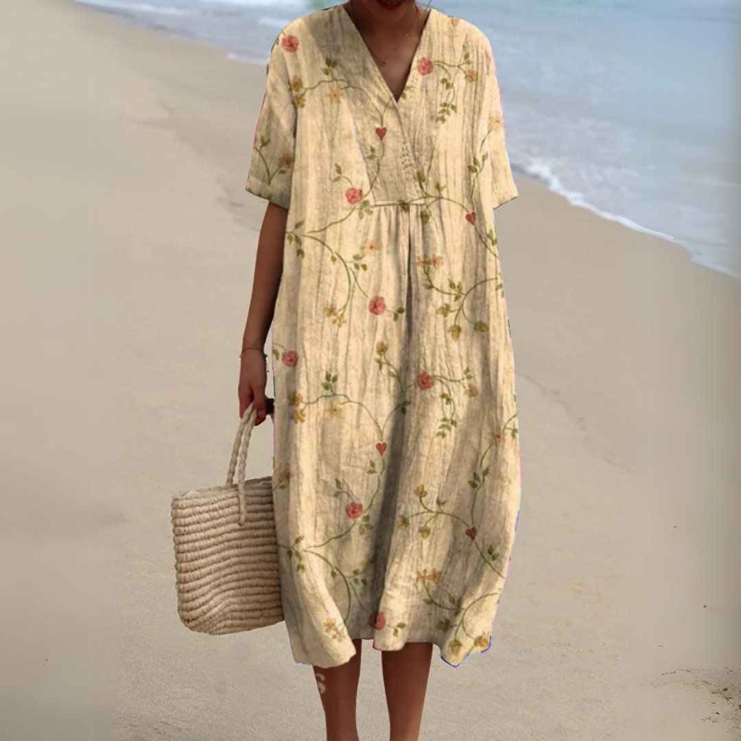 Women's Floral V-Neck Short-Sleeve Midi Dress - Flower 10