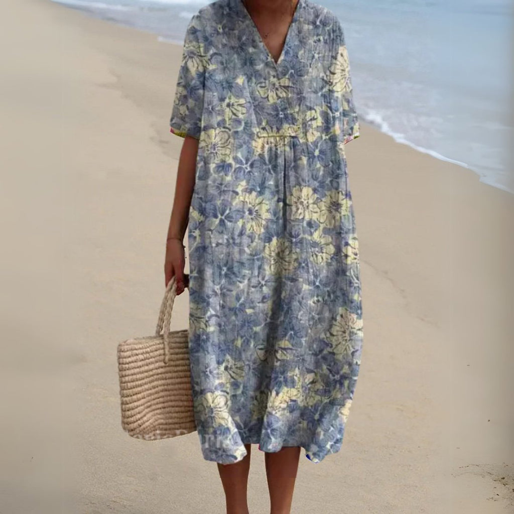 Women's Floral V-Neck Short-Sleeve Midi Dress - Flower 11