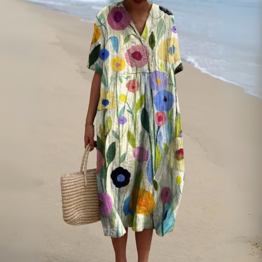 Women's Floral V-Neck Short-Sleeve Midi Dress - Flower 12