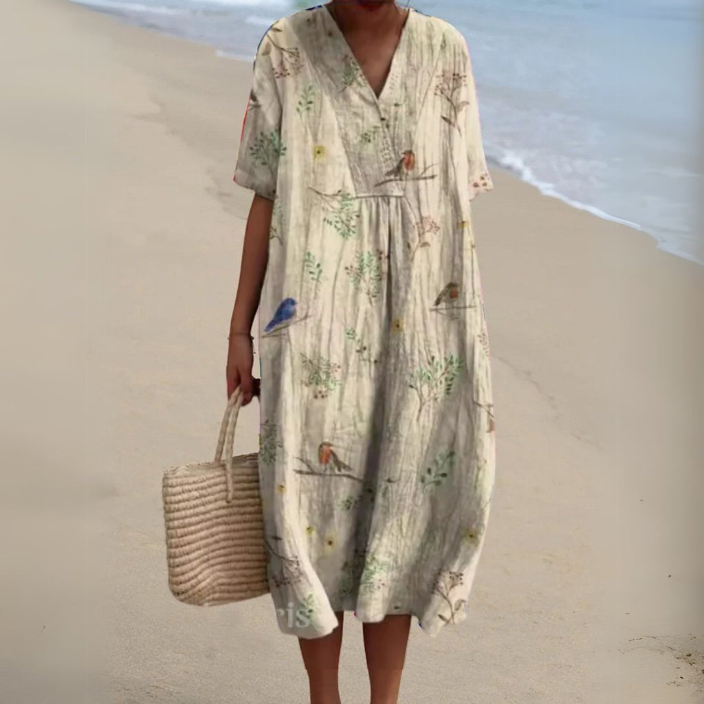 Women's Floral V-Neck Short-Sleeve Midi Dress - Flower 13