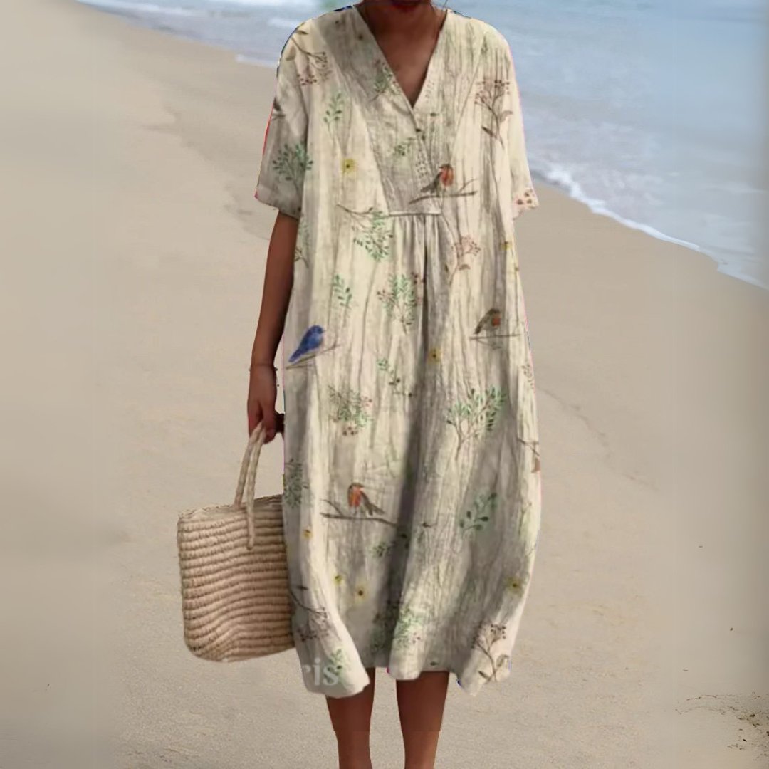 Women's Floral V-Neck Short-Sleeve Midi Dress - Flower 13