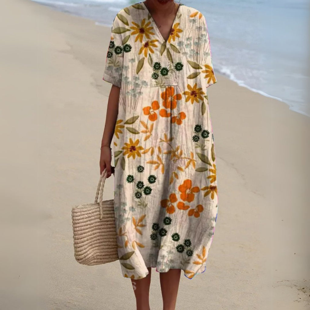 Women's Floral V-Neck Short-Sleeve Midi Dress - Flower 14