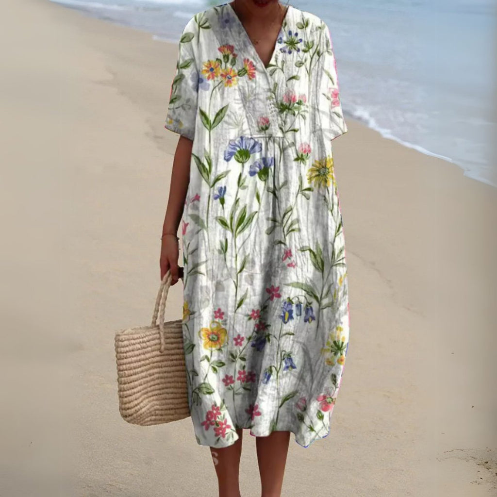 Women's Floral V-Neck Short-Sleeve Midi Dress - Flower 15